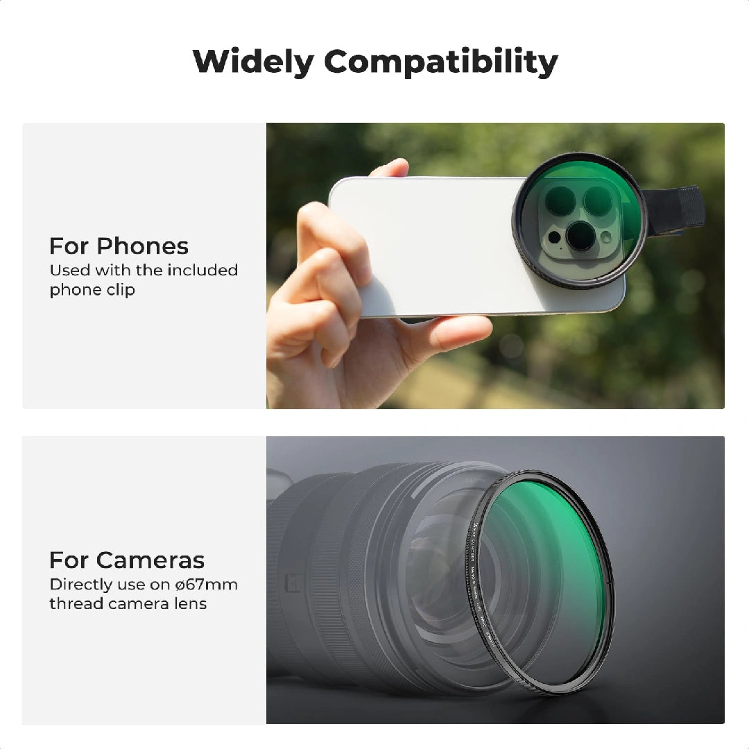 67mm CPL Filter for Phone/DSLR, HD Circular Polarizer Polarizing Filter with Universal Clip