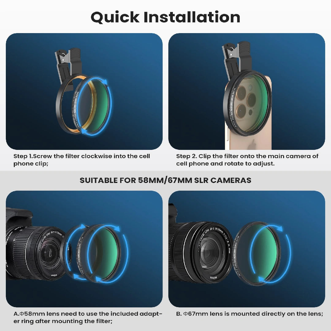 67mm CPL Filter for Phone/DSLR, HD Circular Polarizer Polarizing Filter with Universal Clip